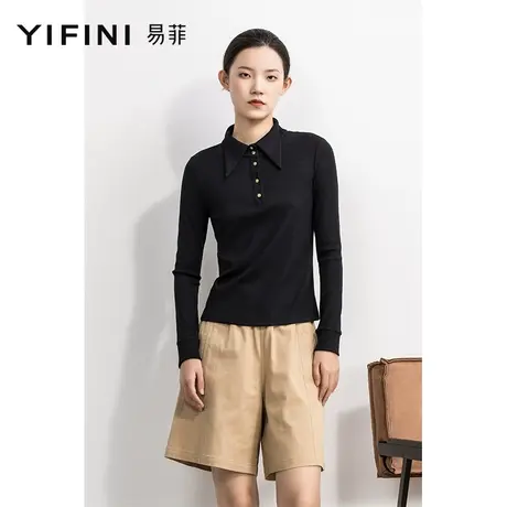 Yifini/易菲修身显瘦POLO领针织衫女春秋新款黑色长袖打底衫图片
