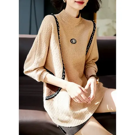 宝诗黎圆领蝙蝠长袖钉钻毛衣女宽松2024春秋季新款时尚内搭针织衫商品大图