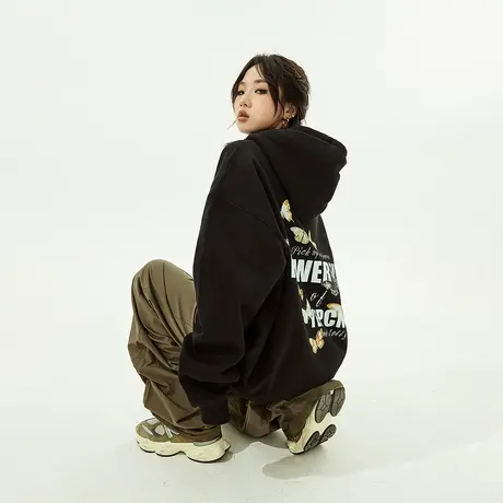 YEP复古黑色连帽卫衣女春秋2025新款美式情侣oversize外套加绒图片