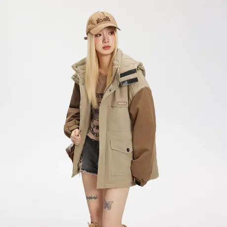 潮牌拼接连帽保暖棉服女冬季加厚外套2023新款复古宽松棉衣商品大图