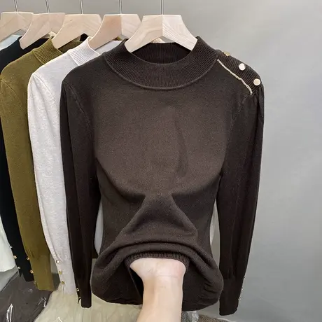 半高领毛衣女打底衫2023秋冬新款套头泡泡袖针织衫内搭洋气上衣潮商品大图