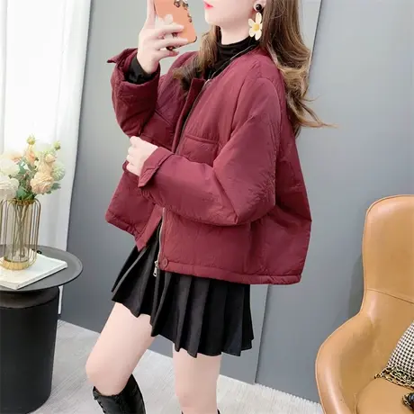 美式复古炸街酒红色棉服外套女秋冬2023新款宽松百搭加厚夹克上衣商品大图