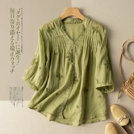 七分袖苎麻上衣刺绣宽松文艺复古棉麻衬衫高级感夏天薄款2022新款商品大图