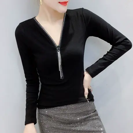 性感V领拉链T恤女长袖气质女装春秋时尚豹纹洋气上衣百搭打底衫女商品大图