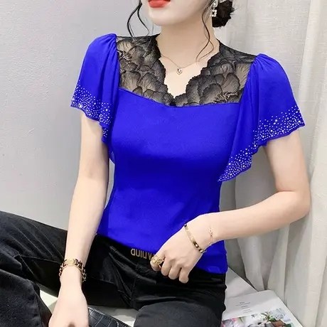 性感镂空网纱T恤女短袖2024夏装新款洋气荷叶边小衫时尚V领上衣潮商品大图
