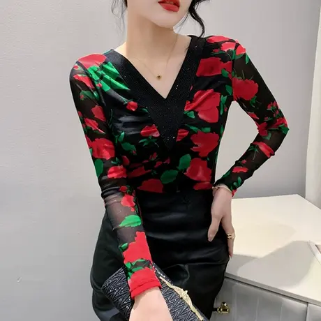 名媛气质V领打底衫女长袖2024秋季新款复古印花上衣性感网纱T恤女商品大图
