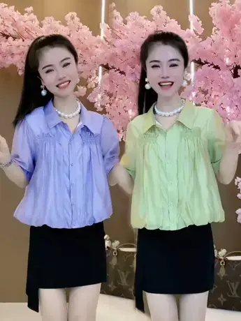 衬衫短袖女2023夏季新款时尚POLO领遮肉显瘦宽松设计感衬衣上衣潮商品大图