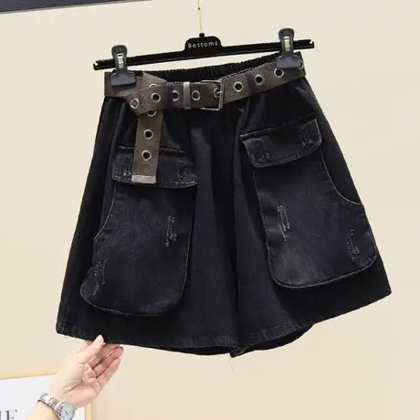 黑色牛仔阔腿短裤女欧货2023夏季大码女装做旧个性时尚百搭热裤子商品大图