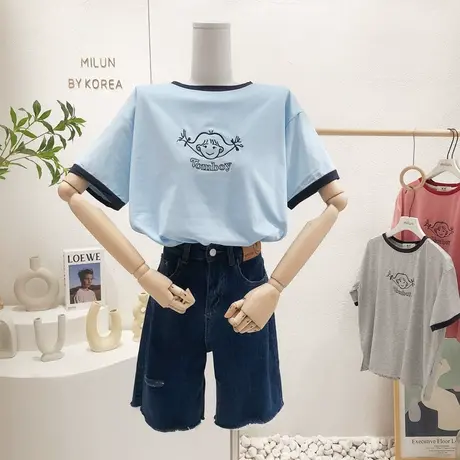 ins学院风减龄撞色短袖2022夏装新款韩国东大门港味原宿风T恤小众图片