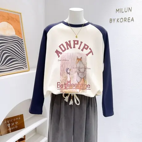 韩国东大门插肩袖拼色上衣~秋冬款美式油画风长袖T恤打底衫遮肉图片