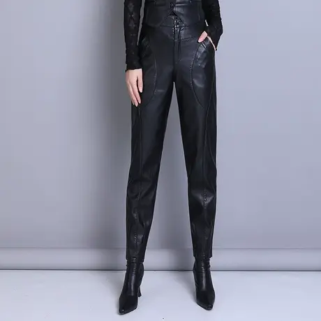 黑色PU皮裤小脚裤女秋冬2023新款高腰显瘦九分哈伦裤时尚休闲裤子商品大图