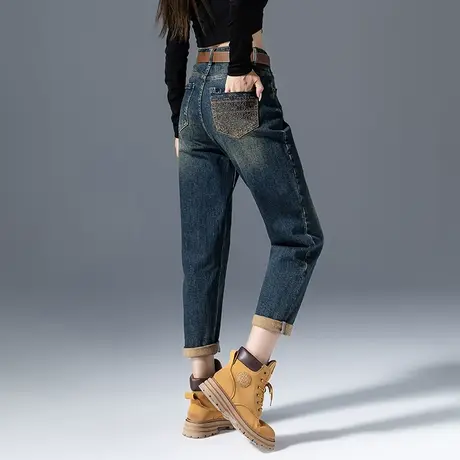 复古高腰牛仔裤女2024年新款春秋女裤显瘦裤子秋季老爹萝卜哈伦裤商品大图