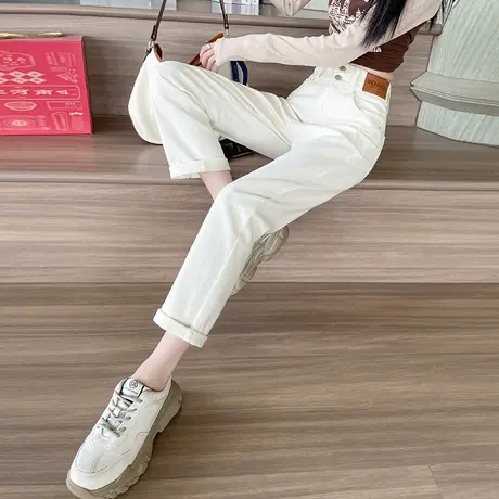 米白色直筒牛仔裤女春季2023年新款高腰宽松显瘦小个子卷边烟管裤商品大图