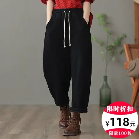 dza 高腰显瘦华夫格加绒裤子女冬加厚外穿长裤宽松阔腿直筒休闲裤图片
