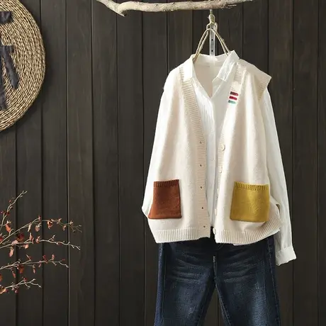 枫谜秋装新款文艺简约拼接口袋针织马夹女宽松韩版针织毛衣开衫商品大图