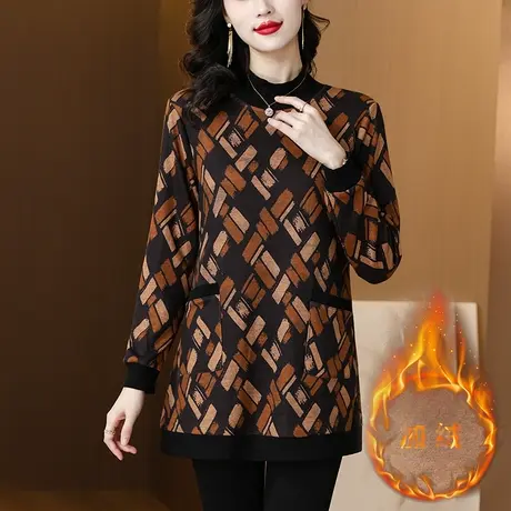 秋冬加绒保暖半高领打底衫女宽松加大码女装中年妈妈休闲内搭上衣商品大图