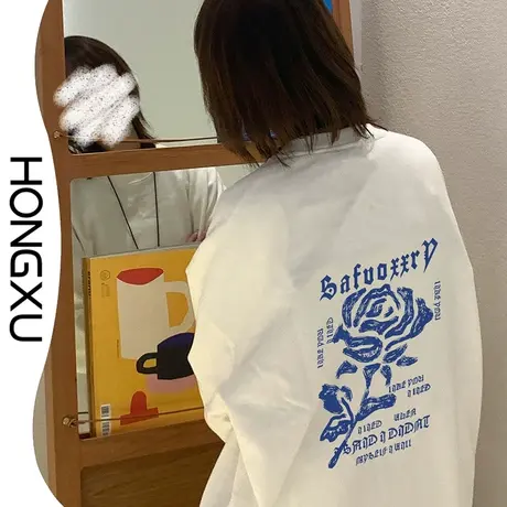 红续2023秋冬新款白色文艺风印花卫衣圆领宽松百搭显瘦学生上衣潮图片