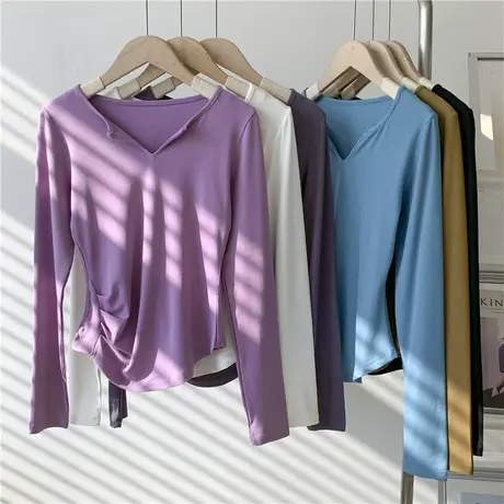 柔软舞蹈服女设计感打褶长袖短款长袖T恤女高腰现代舞练功服上衣图片