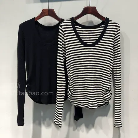2023秋装 韩国ulzzang新款双侧抽褶螺纹棉高弹力修身U领长袖T恤女图片