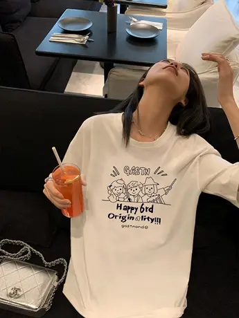 美式复古白色短袖t恤女夏季2023新款设计感小众情侣宽松显瘦上衣商品大图