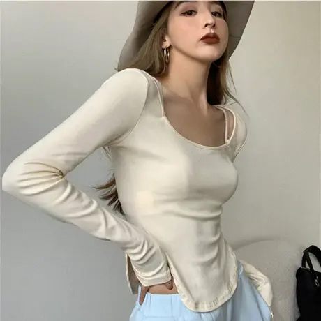 不规则修身长袖打底衫内搭上衣女秋装2023新款小众紧身设计感t恤商品大图