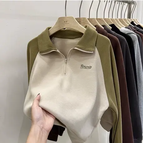 小个子短款POLO领长袖卫衣女春秋薄款宽松显瘦半拉链插肩袖上衣服图片