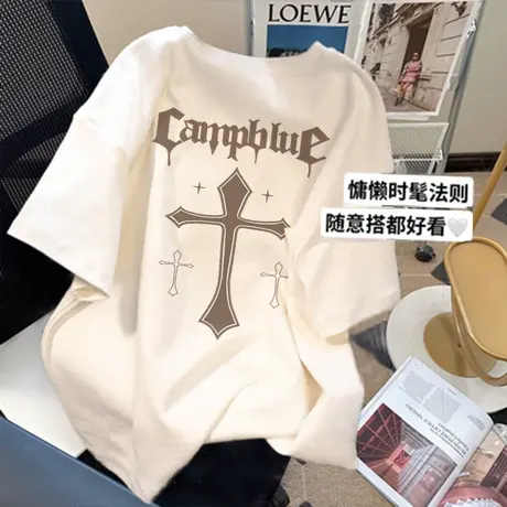 美式复古t恤女夏vintage街头休闲风短袖ins潮设计感小众大码上衣商品大图