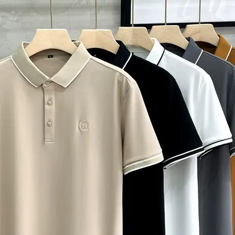 冰丝帅气条纹翻领短袖Polo衫男英伦复古百搭休闲T恤修身保罗上衣商品大图