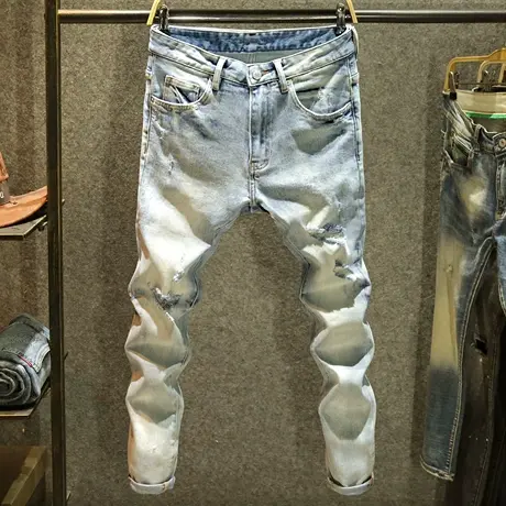 浅蓝色复古破洞牛仔裤男修身弹力小脚裤高街潮男百搭帅气长裤夏季商品大图