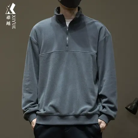 双面摇粒绒重磅美式卫衣男士春秋新款加绒保暖半拉链宽松大码外套商品大图