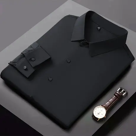 2023新款男长袖休闲高级衬衫男士高端免烫无痕衬衣商务帅气黑寸衫图片