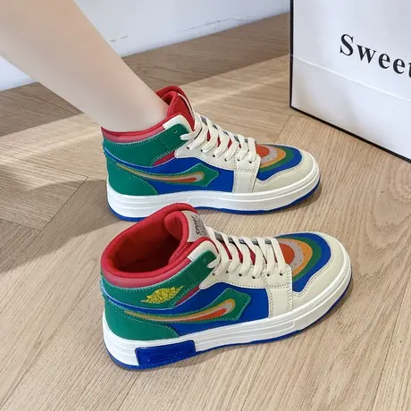 高帮彩虹鸳鸯休闲板鞋女2023新款春秋平底拼色彩虹学生潮流运动鞋图片