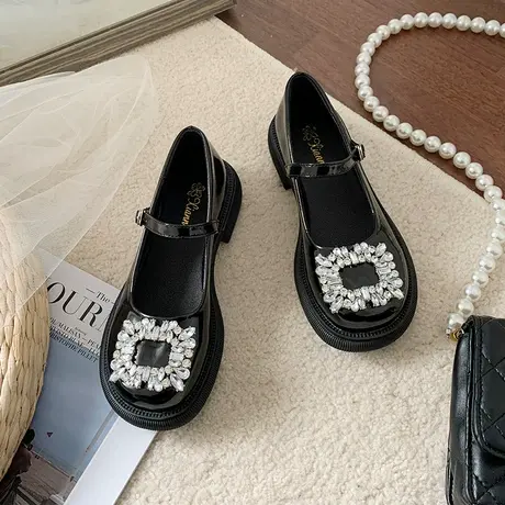 黑色法式复古英伦风小皮鞋女2023春季新款水钻单鞋一字带玛丽珍鞋商品大图