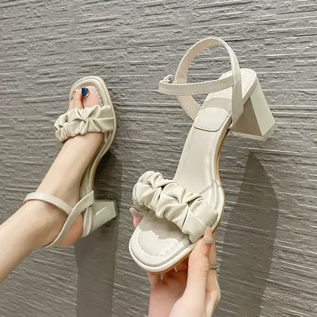 2024年夏季新款时装凉鞋女法式少女气质百搭粗跟一字带露趾高跟鞋图片