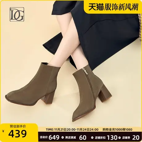 牛皮黑色粗跟短靴女2023秋冬新款真皮高跟方头百搭单靴法式踝靴图片