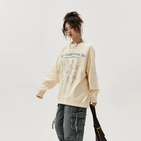 YEP圆领印花卫衣女春秋2024年新款美式复古宽松潮牌无帽上衣图片