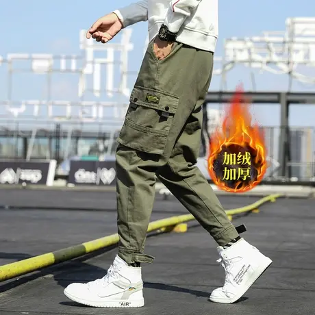 军绿色工装裤男士秋冬款宽松直筒裤青少年冬季加绒休闲男款长裤子图片