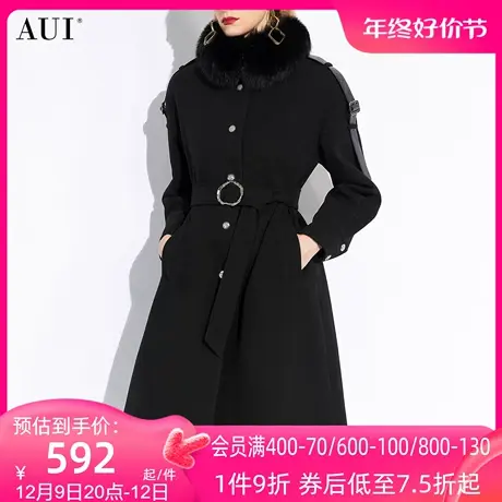 AUI黑色气质高级感修身毛呢外套女冬2023新款欧货中长款呢子大衣商品大图