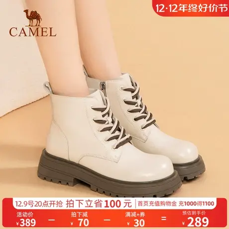骆驼女鞋2024年新款真皮秋冬靴子女中跟短靴粗跟厚底英伦马丁靴女图片
