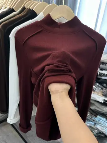 鱼骨显瘦洋气秋冬加绒加厚半高领修身T恤女长袖内搭打底衫大码胖M图片