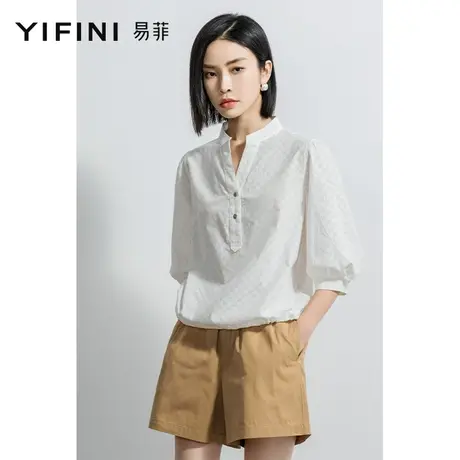 Yifini/易菲宽松套头小衫纯棉上衣女2023春夏新款薄款五分袖衬衫商品大图