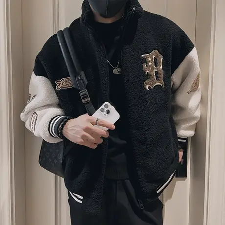 冬季摇粒绒棉衣外套男2023新款潮牌美式休闲撞色字母羊羔毛外套图片