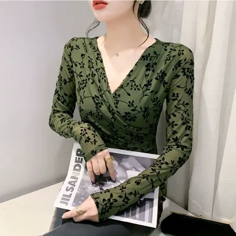 时尚提花长袖打底衫性感交叉褶皱V领双层网纱上衣女修身显瘦T恤潮商品大图