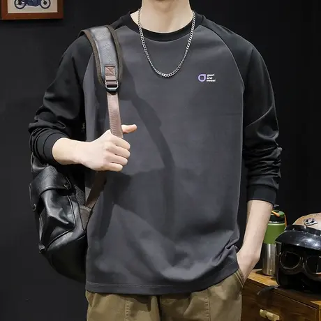 春季2024新款长袖t恤男纯棉潮牌大码男士内搭打底重磅拼色春秋款商品大图