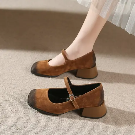 法式玛丽珍女鞋2024新款春季复古温柔晚晚粗跟单鞋浅口方头高跟鞋图片