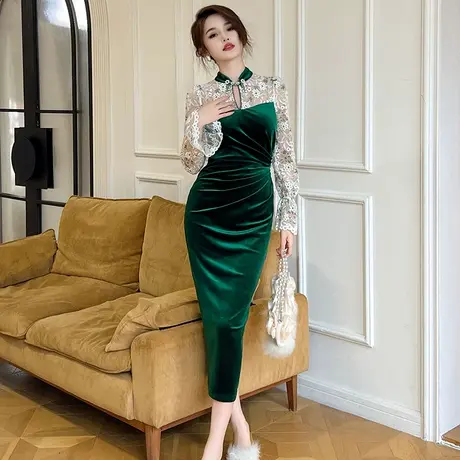 气质优雅新中式改良旗袍年轻款独特蕾丝喇叭袖拼接丝绒连衣裙女装商品大图