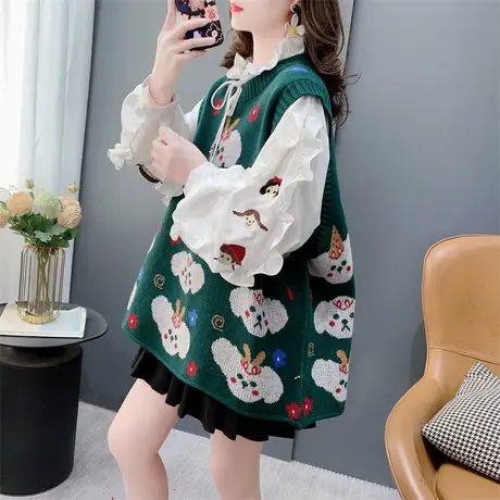 日系森女提花圆领针织马甲背心女春季2024年新款洋气减龄无袖坎肩图片