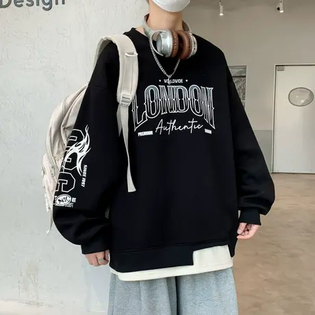 假两件卫衣男春秋款美式高街长袖t恤男潮牌印花慵懒风圆领打底衫T商品大图