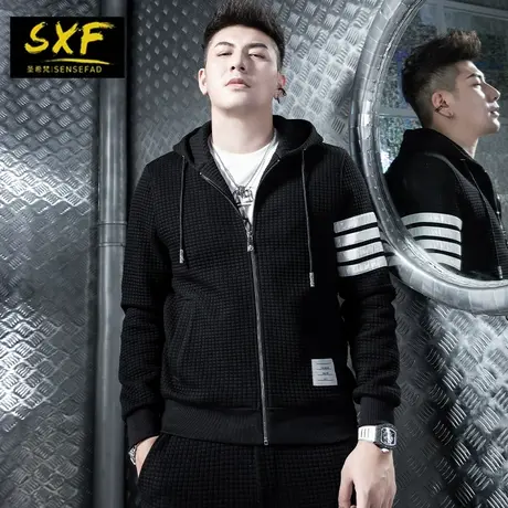 SXF圣希梵连帽外套男 华夫格条纹运动上衣服潮流2024新款男士春装图片