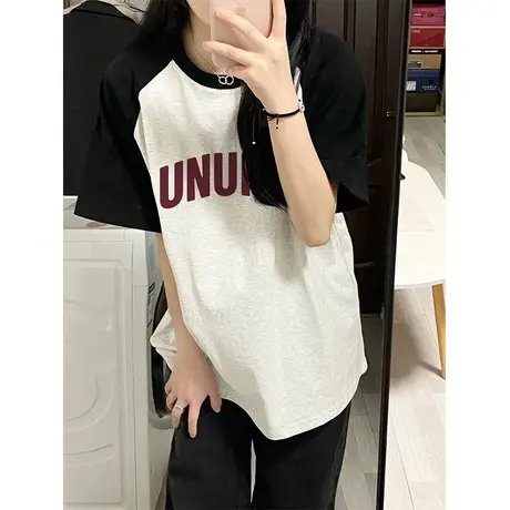纯棉撞色插肩短袖t恤女夏季设计感小众潮牌宽松复古港味chic上衣图片